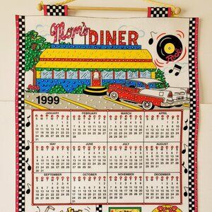 Vintage 1999 Linen Felt Sequin Embellished Calendar Tea Towel, Mom's Diner